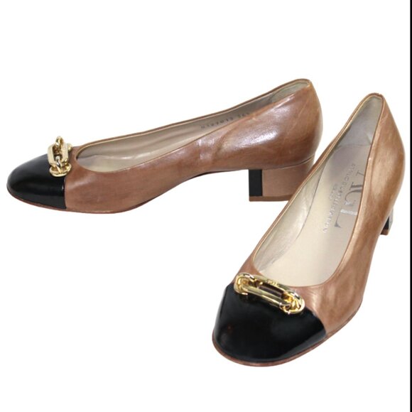 AGL Attilio Giusti Leombruni Taupe Black Cap Toe Buckle Leather Flats, Size 36.5 - Picture 6 of 9